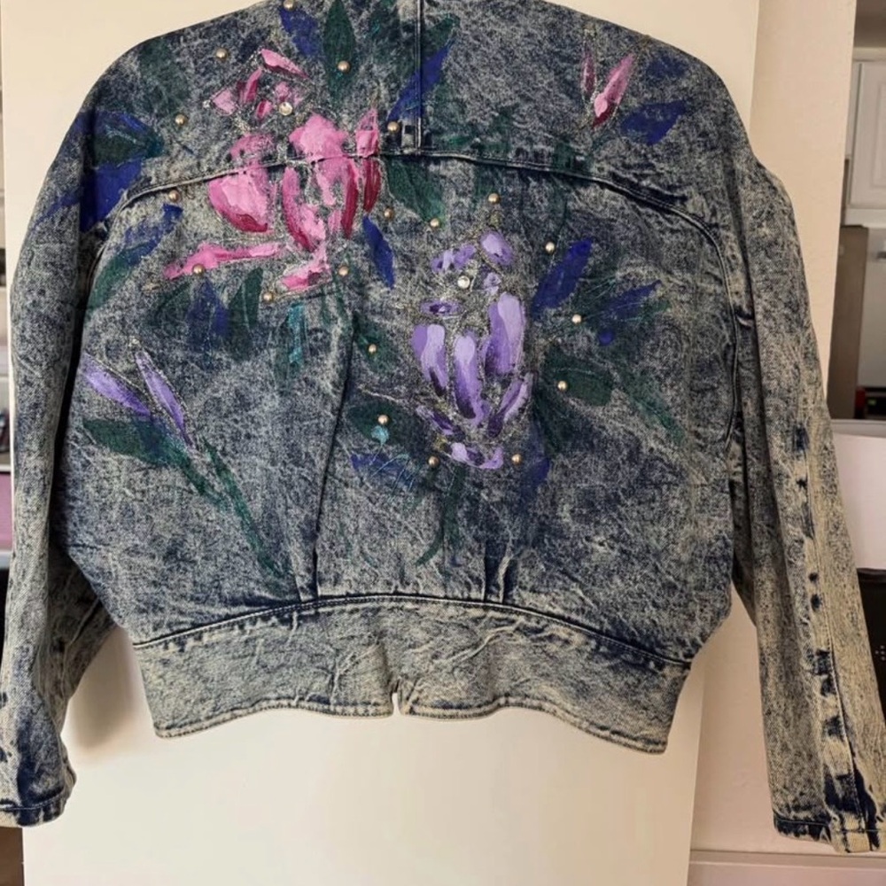 Vintage Denim Jacket with Pink and Purple Flowers Accents